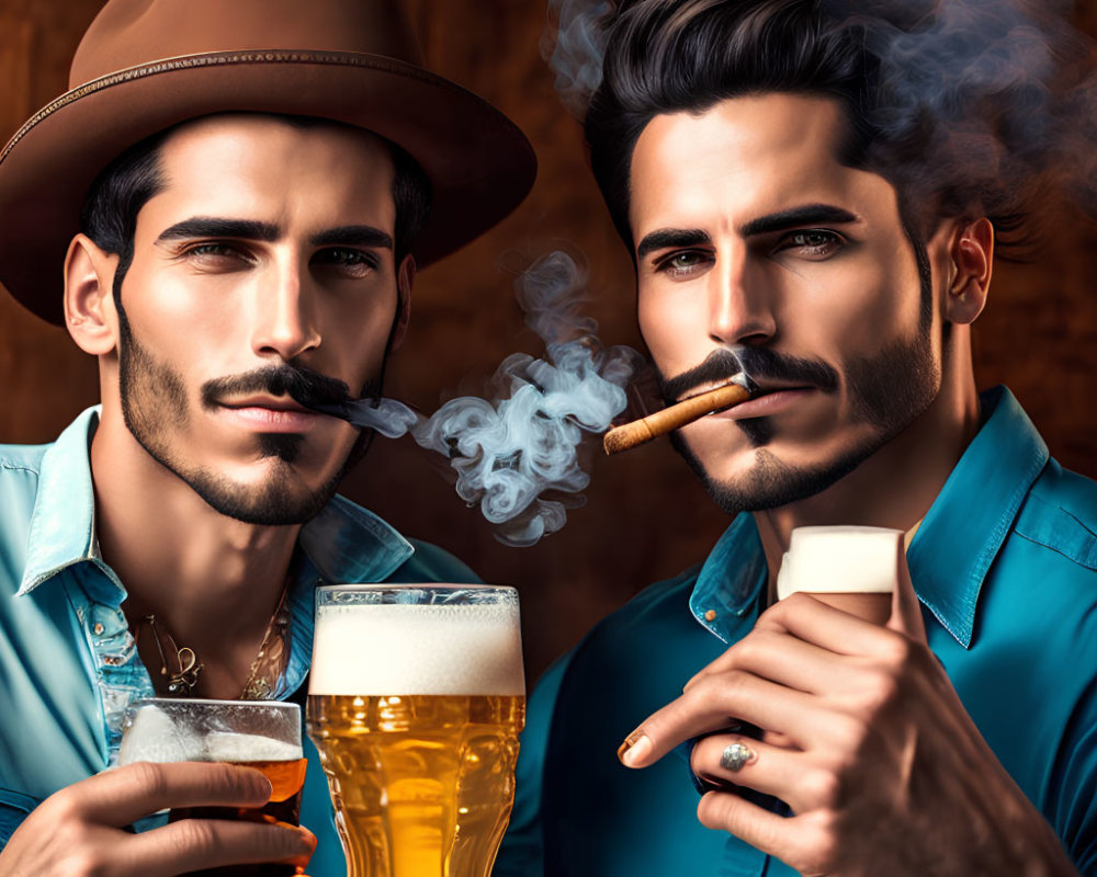 Two men with facial hair in wooden room, one in hat, enjoying cigars and beers.