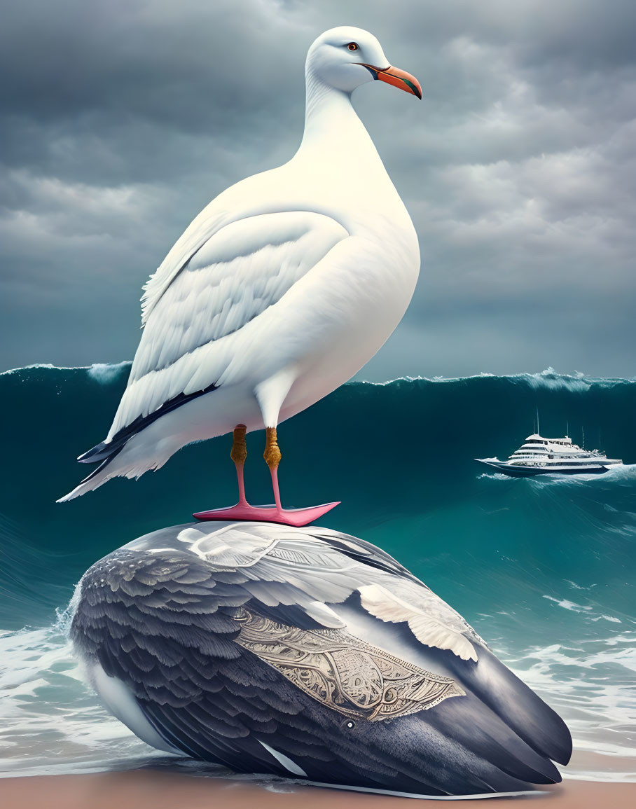 Seagull on Stone Overlooking Stormy Sea with Yacht