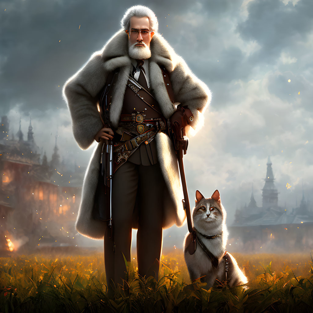 Bearded man in fur coat with cane and dog in fantasy sunset landscape