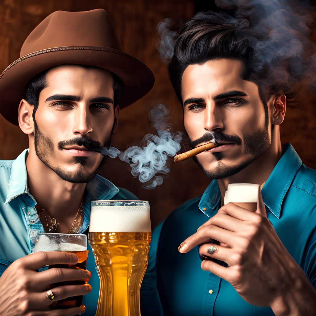 Two men with facial hair in wooden room, one in hat, enjoying cigars and beers.