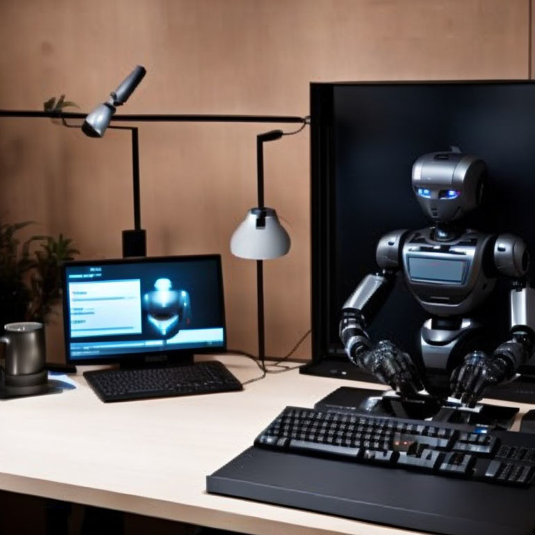 Humanoid Robot at Desk with Computer Monitors and Lamp