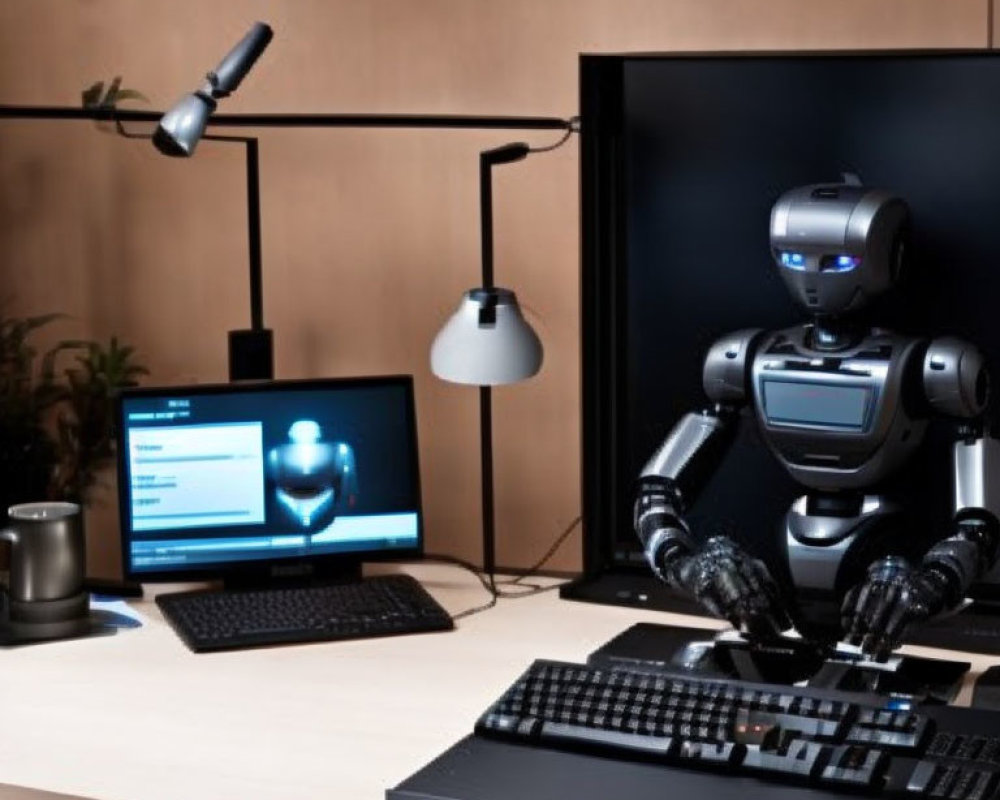 Humanoid Robot at Desk with Computer Monitors and Lamp