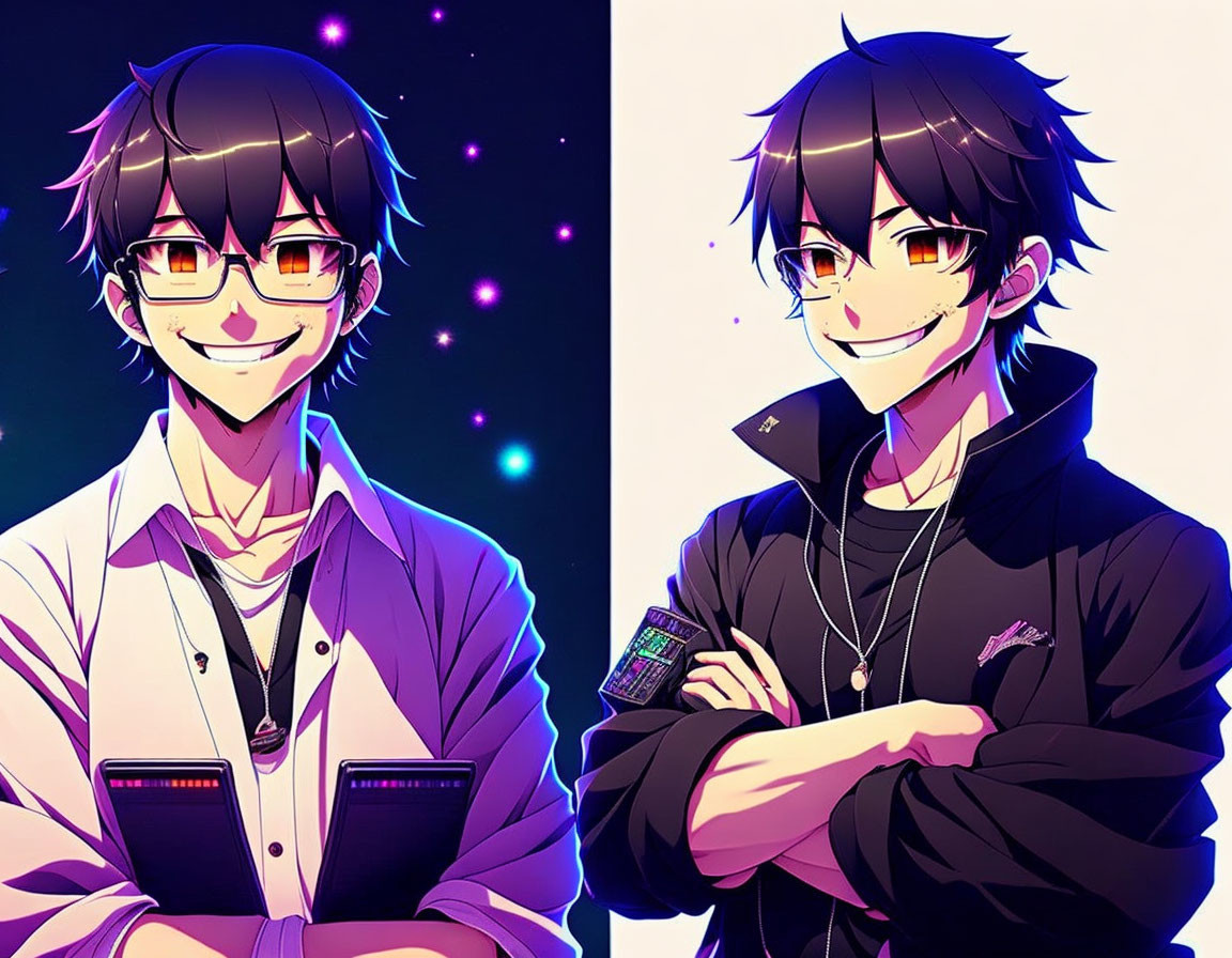 Split-screen Illustration: Character with Glasses & Lab Coat Smiling vs. Smirking in Jacket