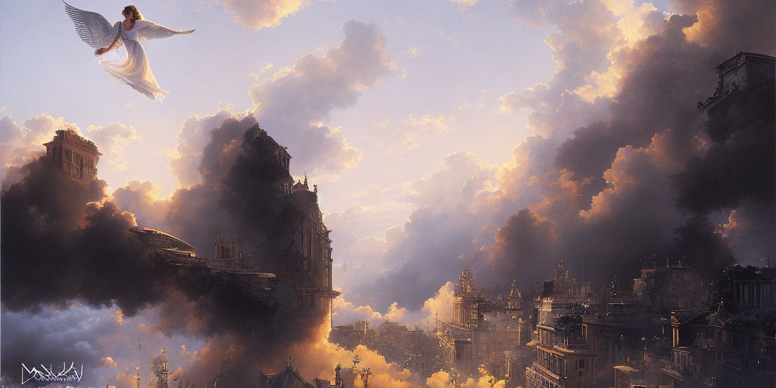 Majestic angel with large wings over fantasy cityscape at sunset