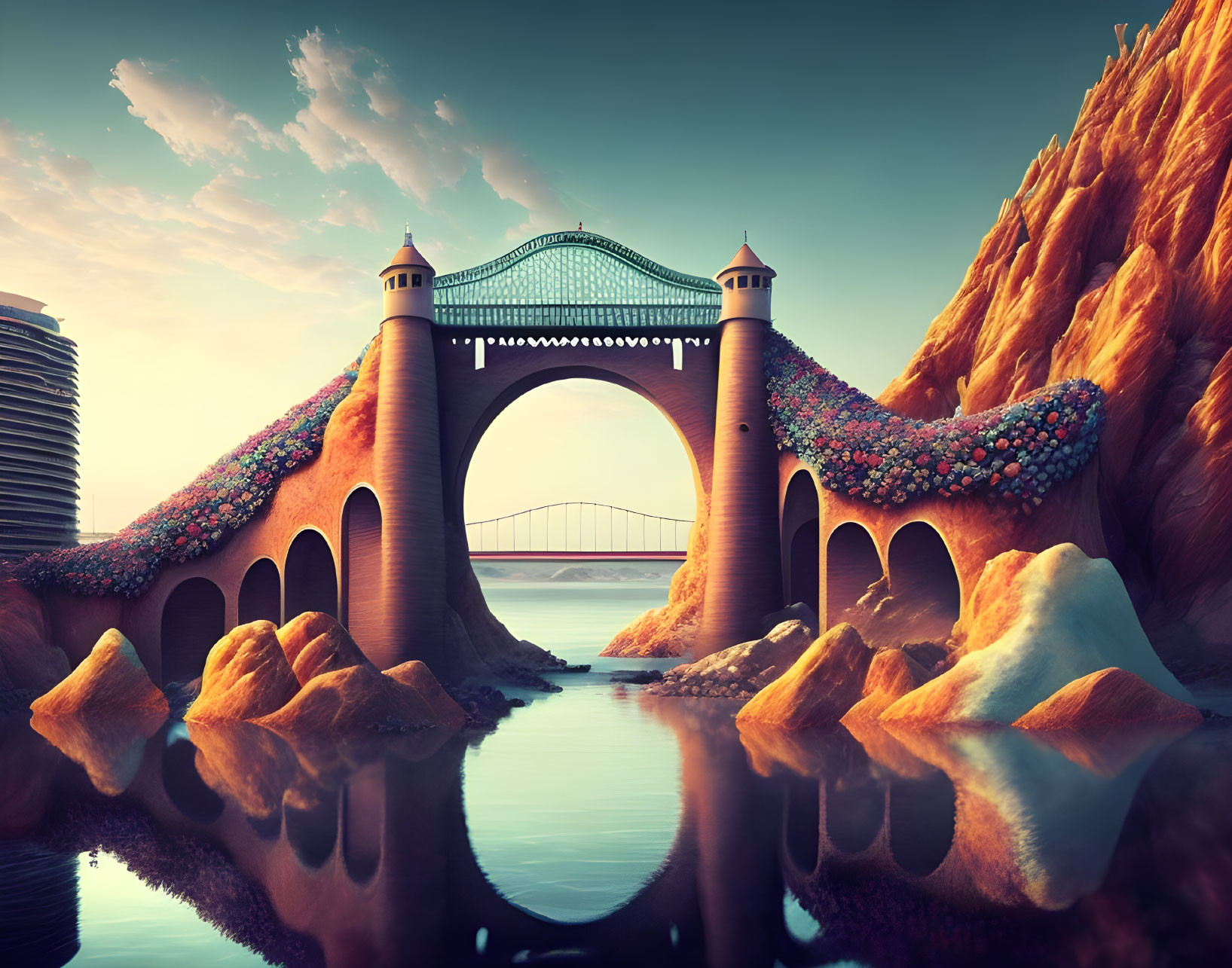 Fantastical flower-adorned bridge over reflective water with rocky cliffs and surreal sky