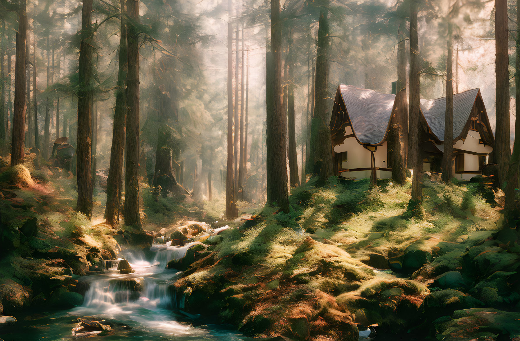 Sunlit forest scene with two houses by brook