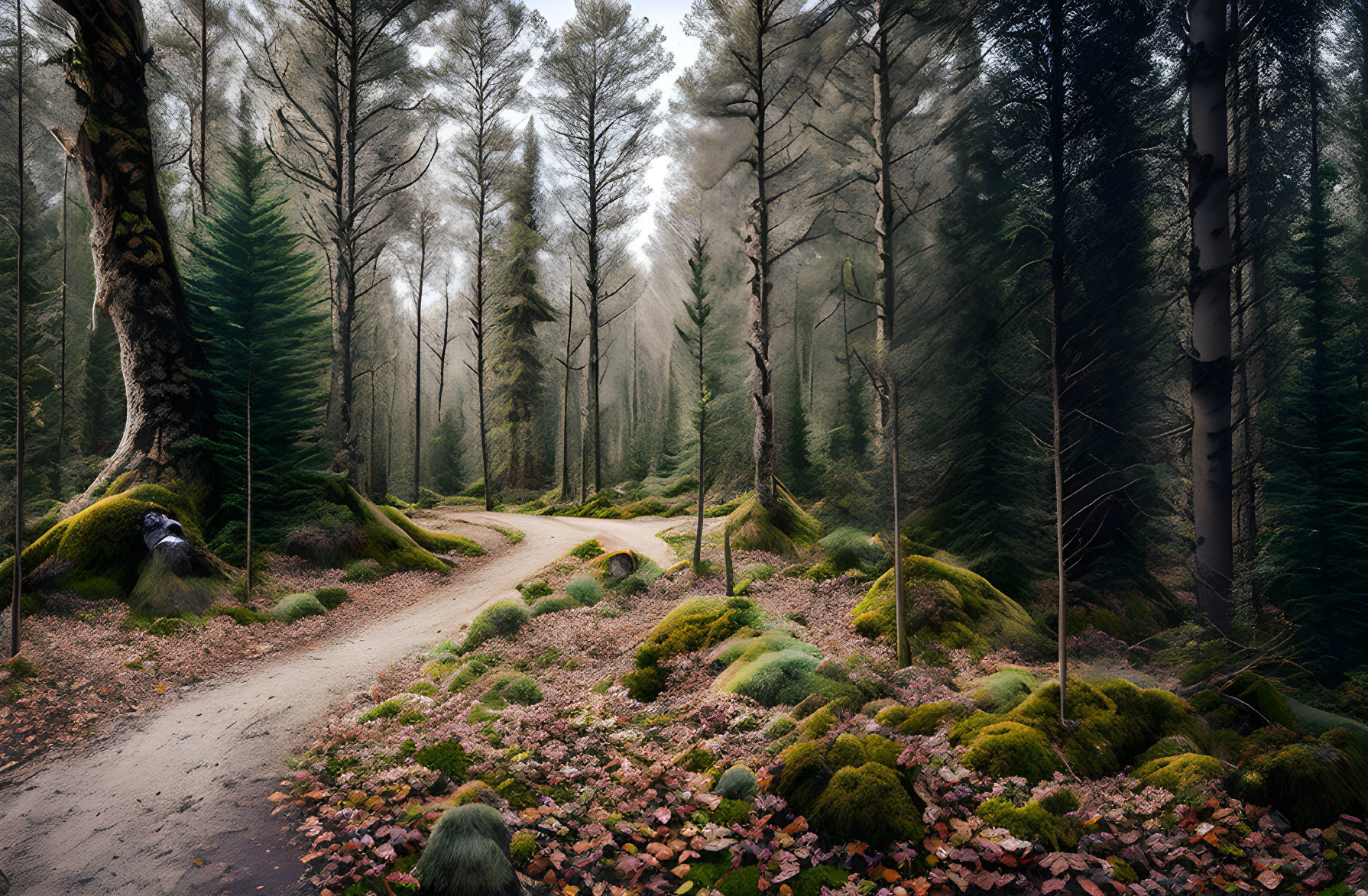 Misty autumn forest path with tall trees and fallen leaves