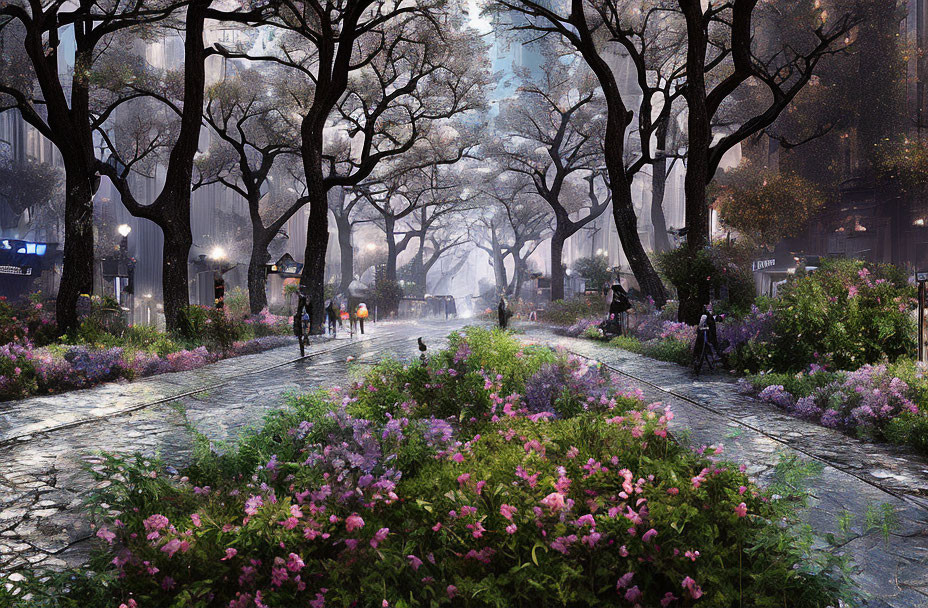 Tranquil dusk scene on tree-lined street with glowing streetlights and blooming purple flowers