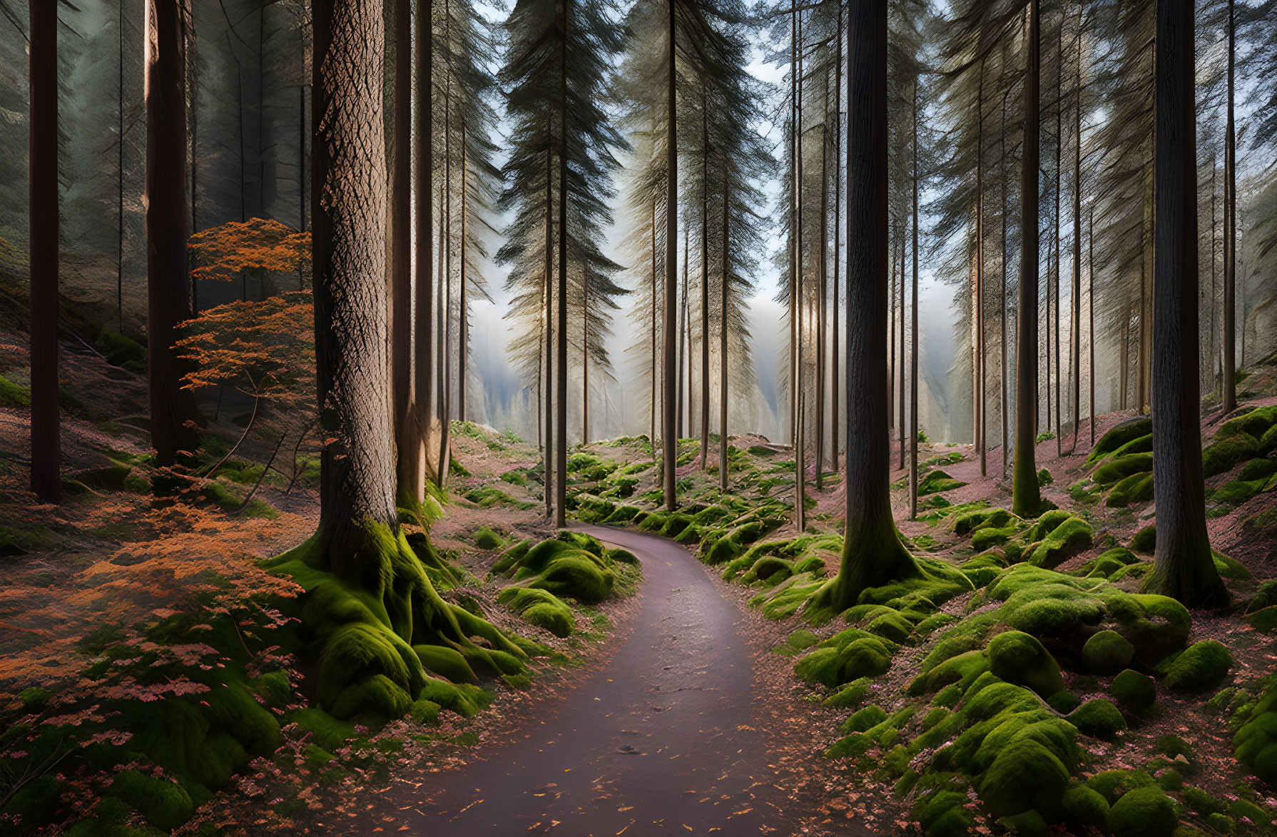 Mystical forest with tall trees, sunlight, fog, and moss-covered ground