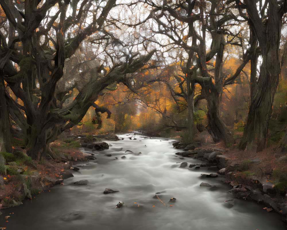 Tranquil forest river with twisted trees and autumn leaves