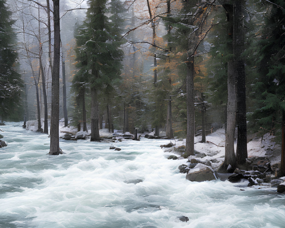 Snow-dusted trees by rapid river in misty forest