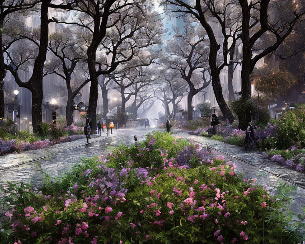 Tranquil dusk scene on tree-lined street with glowing streetlights and blooming purple flowers