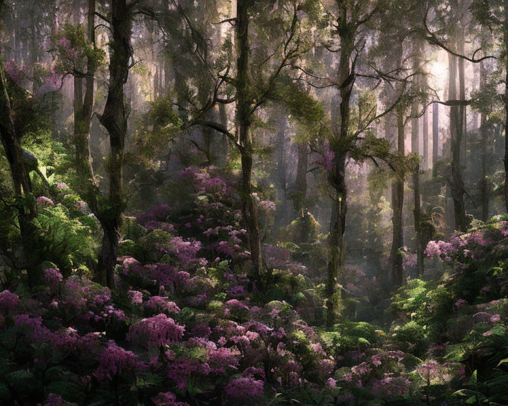 Tranquil forest scene with sunlight, purple flowers, and lush foliage