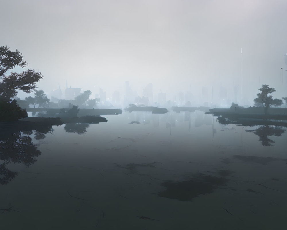 Tranquil mist-covered cityscape with reflective waters and silhouetted trees.