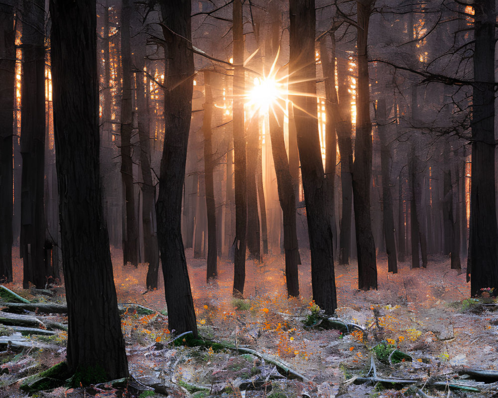 Serene forest scene with sunbeams and frost-covered foliage at dawn