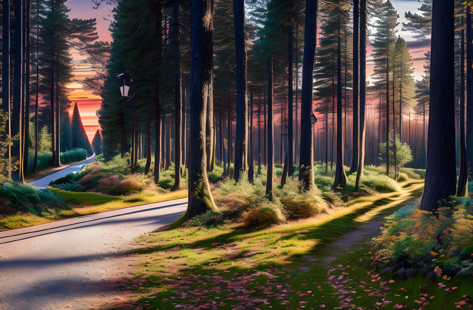 Tranquil forest path at sunset with tall pines