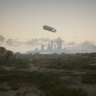 Desolate battlefield with damaged tanks and cityscape under gloomy sky