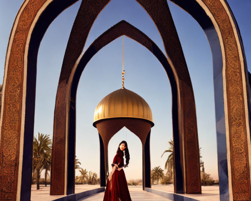 Intricate archways frame person under dome against clear sky at dusk or dawn