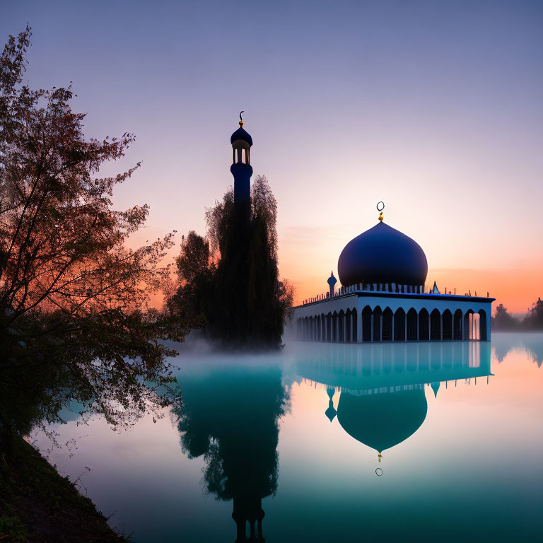 Blue-domed mosque and minaret by calm lake at sunrise or sunset