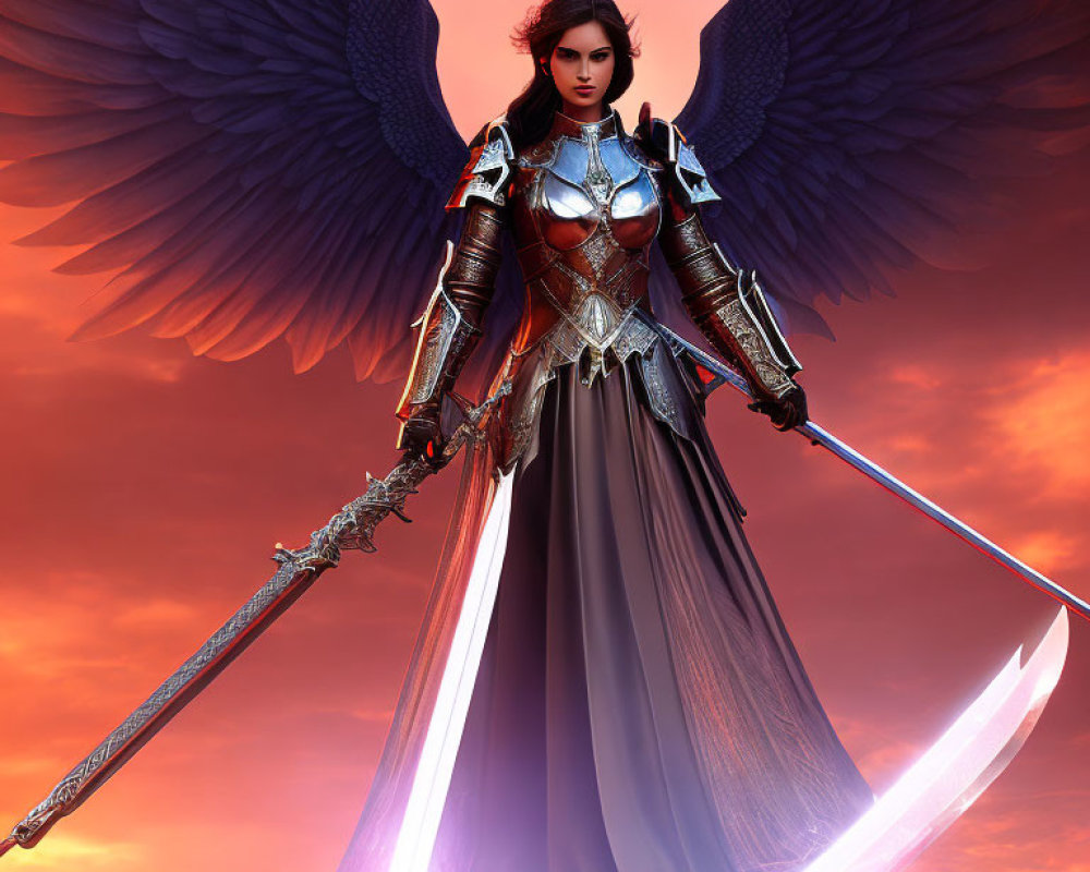 Female Warrior Angel Digital Artwork with Dark Wings and Glowing Sword