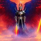 Female Warrior Angel Digital Artwork with Dark Wings and Glowing Sword