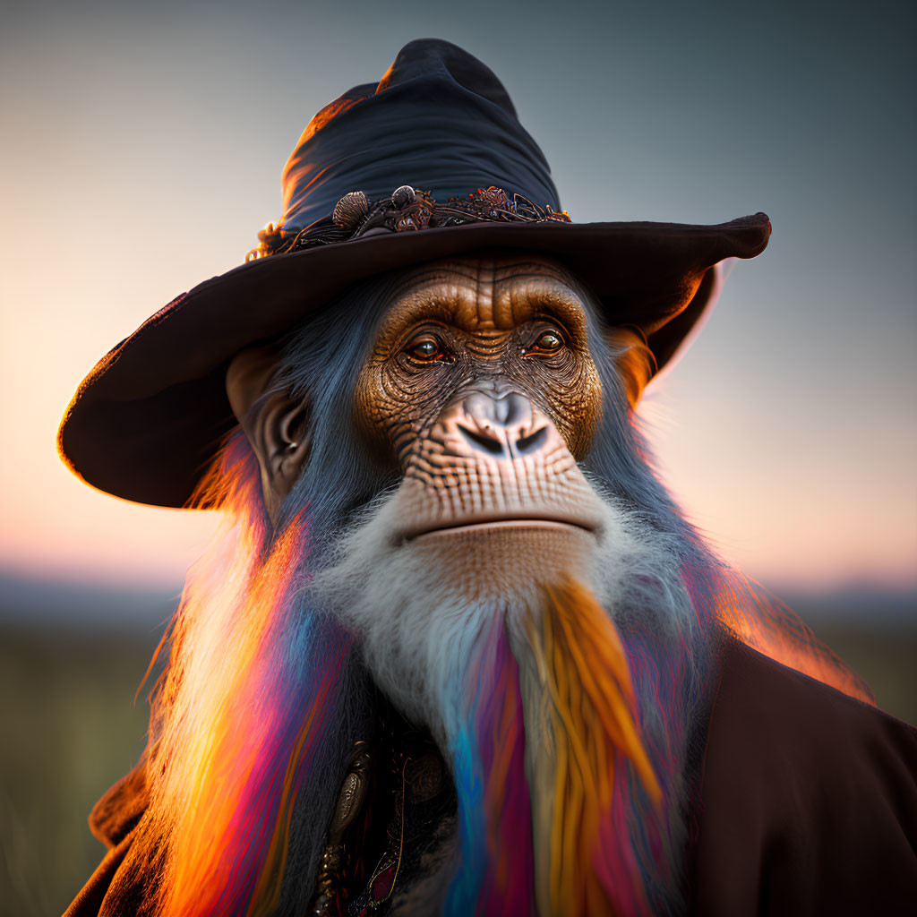 Chimpanzee in wizard costume against sunset backdrop