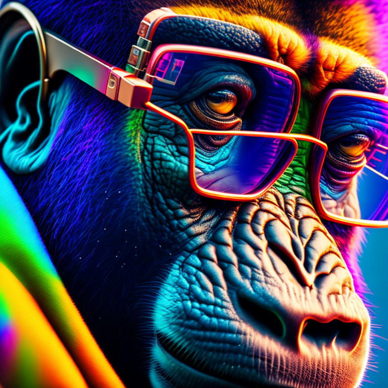 Colorful Gorilla with Glasses & Headphones on Rainbow Background