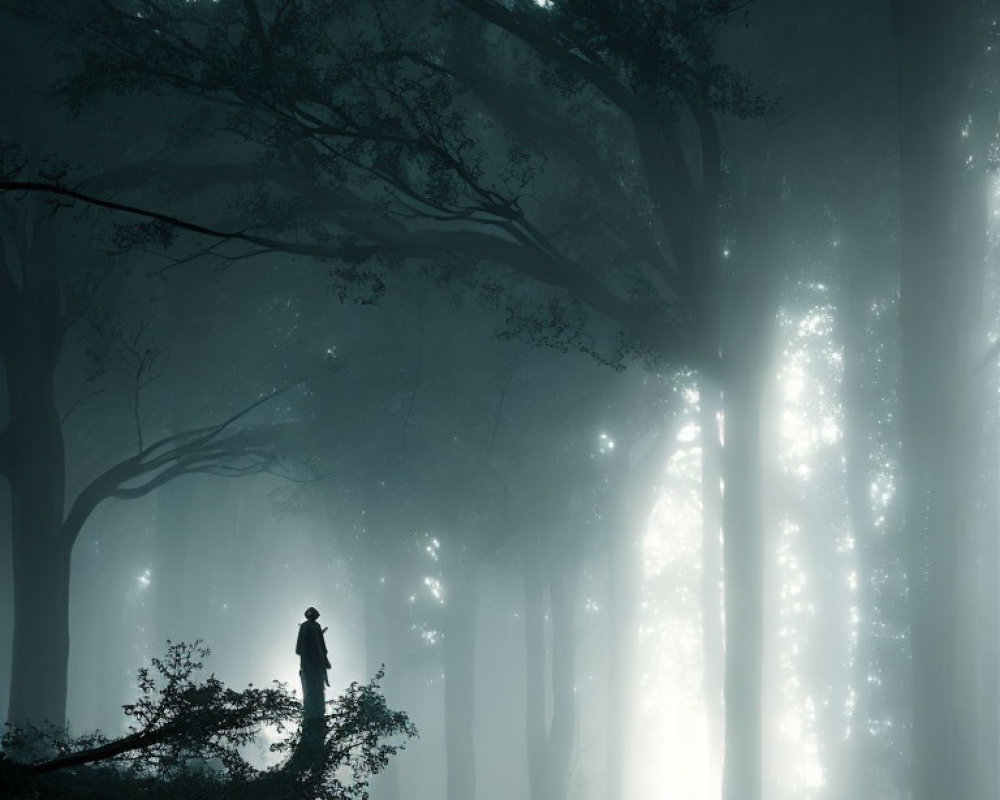 Figure on fallen tree in mystical forest with light beams