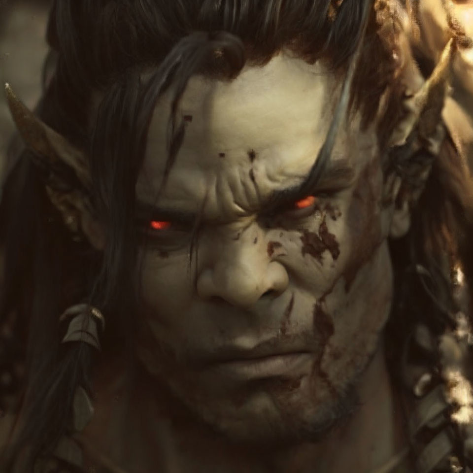 Detailed close-up of fearsome orc with red eyes, dark hair, pointed ears, and bloodst