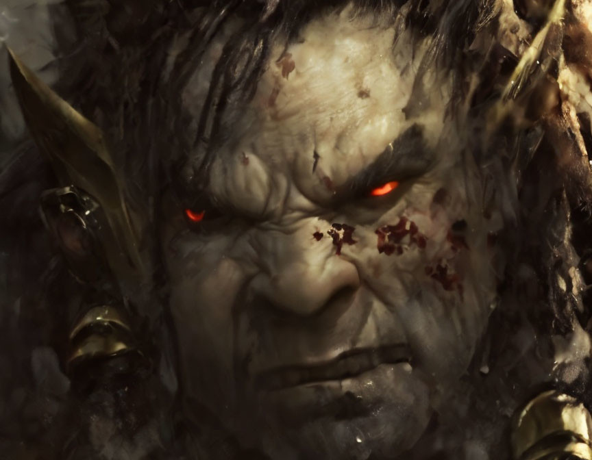 Detailed Close-Up of Angry Fantasy Creature with Red Eyes and Orc-Like Features