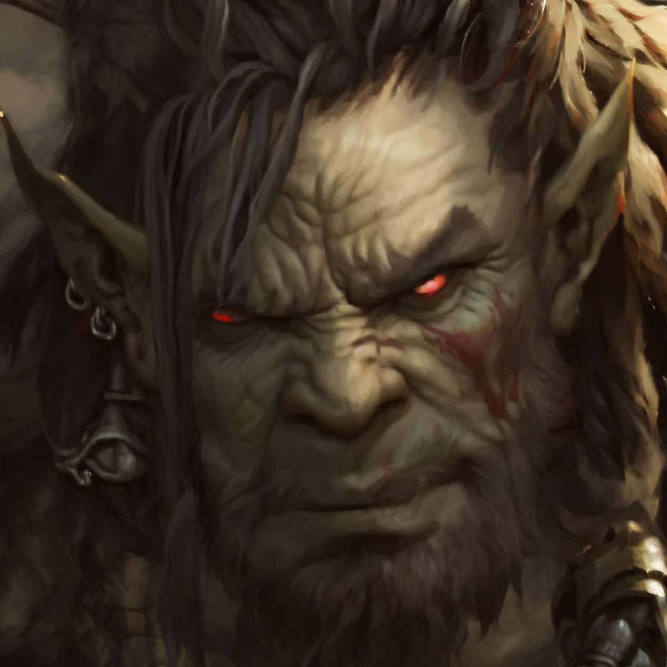 Detailed illustration of fierce orc with red eyes, gray-green skin, dark hair, pointed ears, and