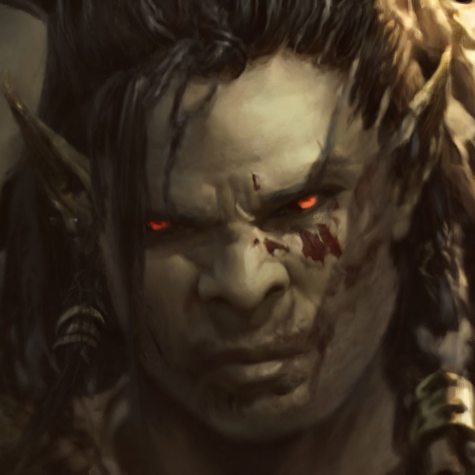 Fantasy character with green skin, red eyes, and war paint