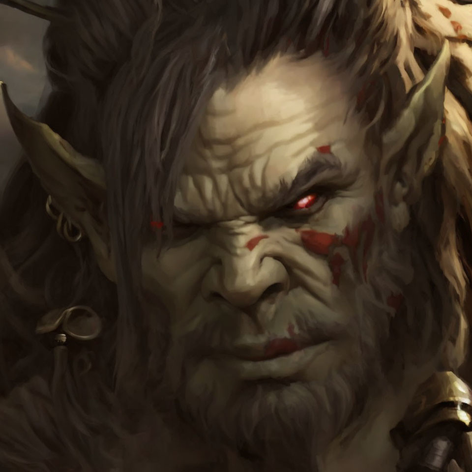 Detailed close-up of menacing orc with glowing red eyes and war paint