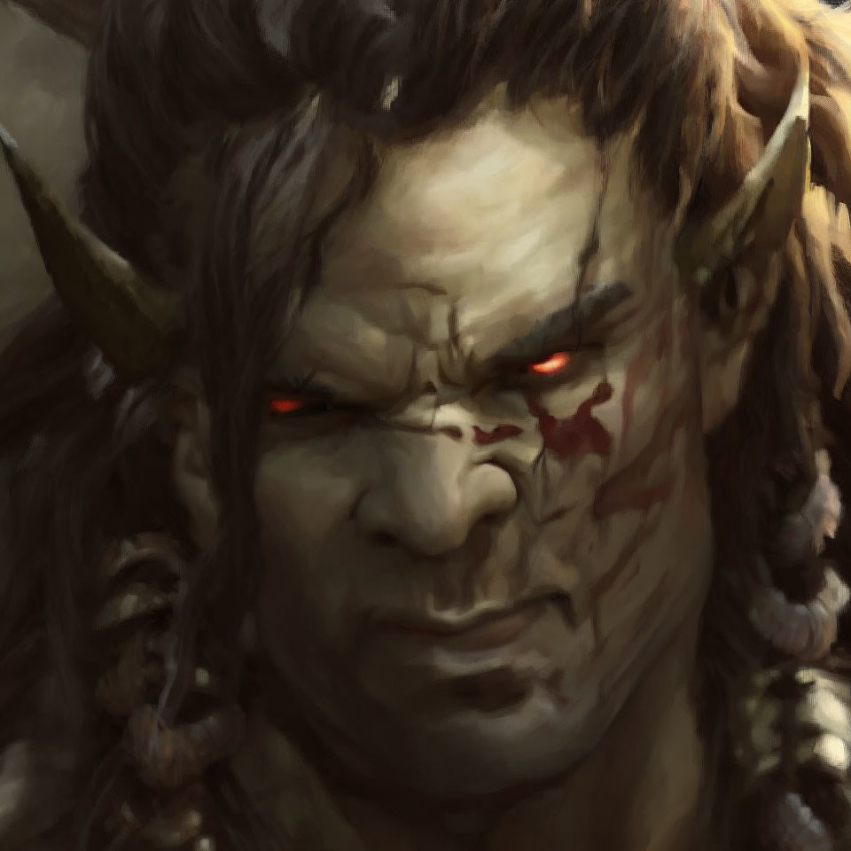 Detailed Close-Up of Fantasy Orc with Glowing Red Eyes and Tribal Face Paint