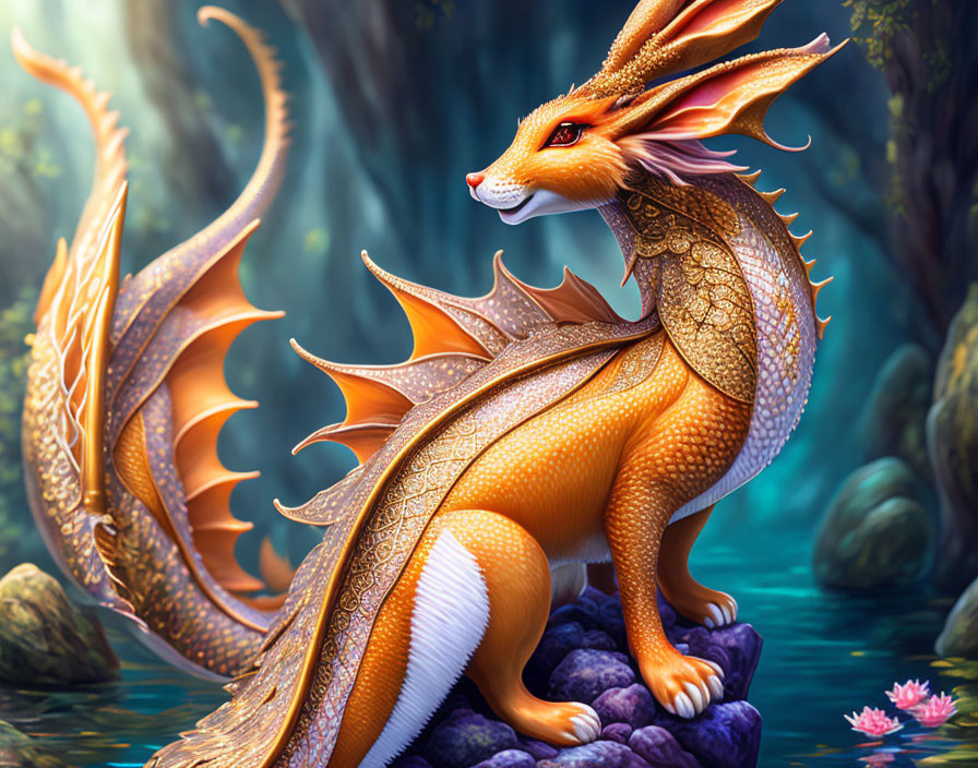 Orange and White Dragon with Elaborate Wings in Natural Setting