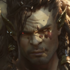 Fantasy male character with red glowing eyes, sharp horns, face paint, and braided hair