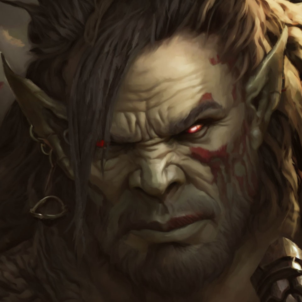 Detailed close-up of scowling orc with red eyes and warpaint