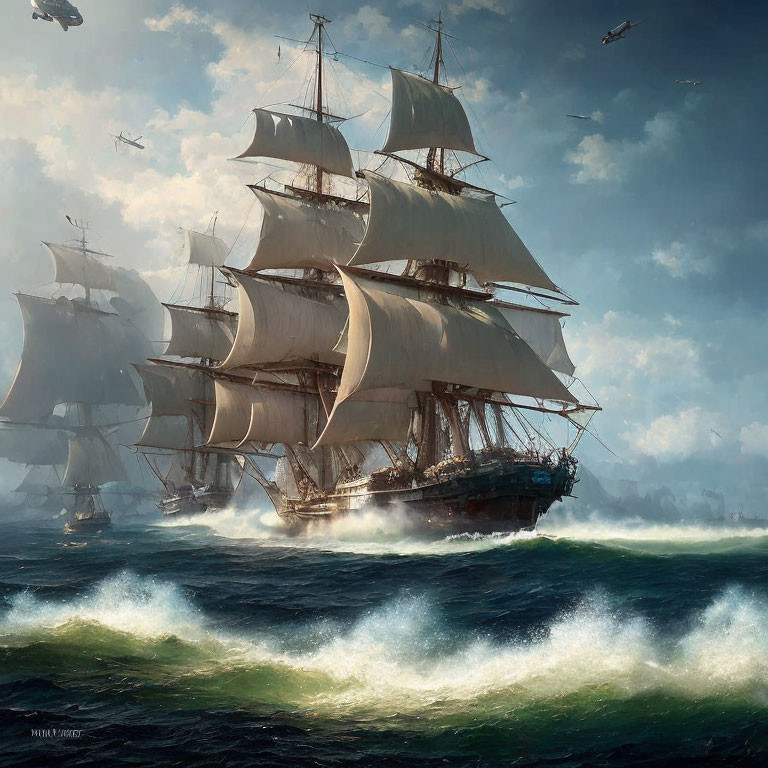 Vintage sailing ship with white sails navigating choppy seas, helicopters and dramatic sky.