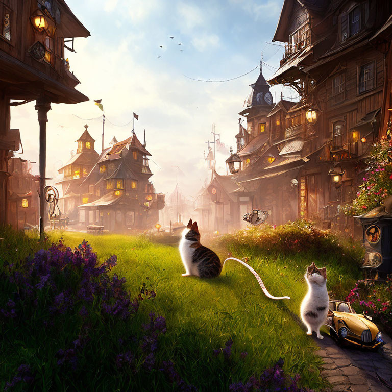 Whimsical village street with flying machines and wooden houses