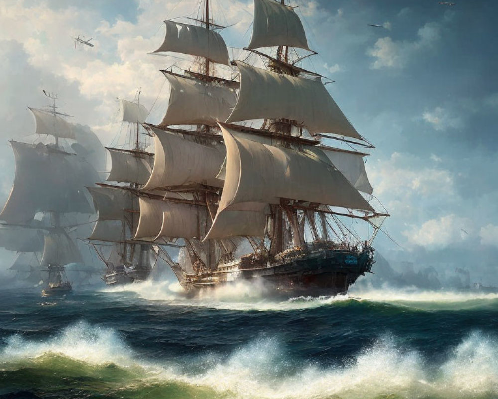 Vintage sailing ship with white sails navigating choppy seas, helicopters and dramatic sky.