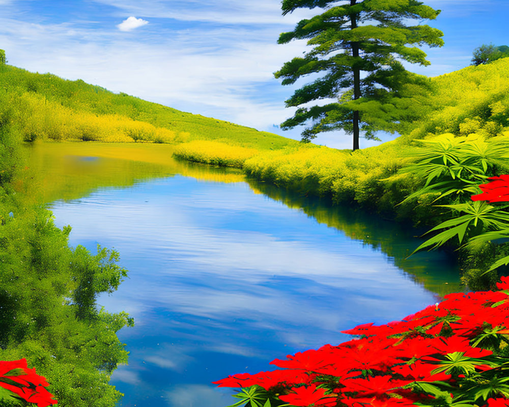 Colorful landscape with blue river, green trees, yellow bushes, red flowers under blue sky.