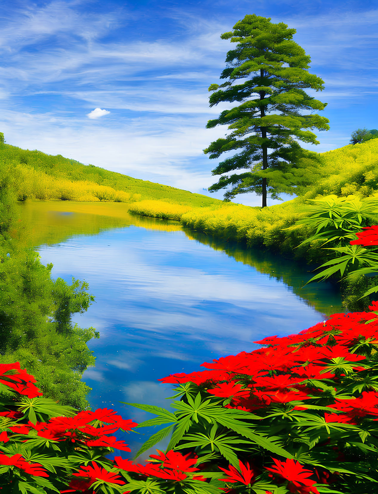 Colorful landscape with blue river, green trees, yellow bushes, red flowers under blue sky.