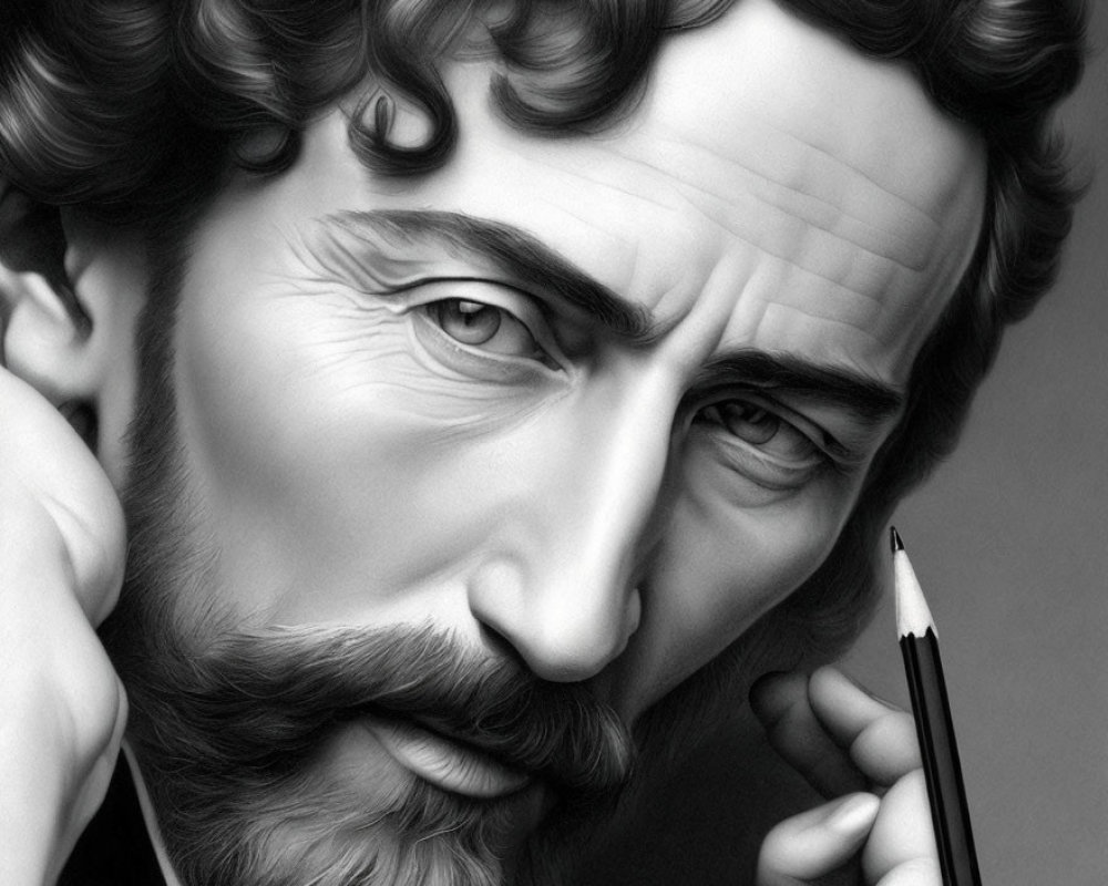 Detailed monochrome illustration of a man with curly hair holding a pencil