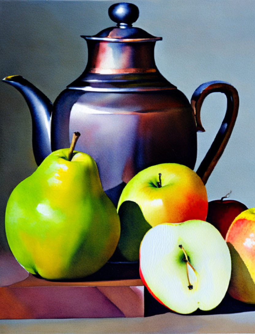 Colorful Fruit and Reflective Teapot in Still Life Painting