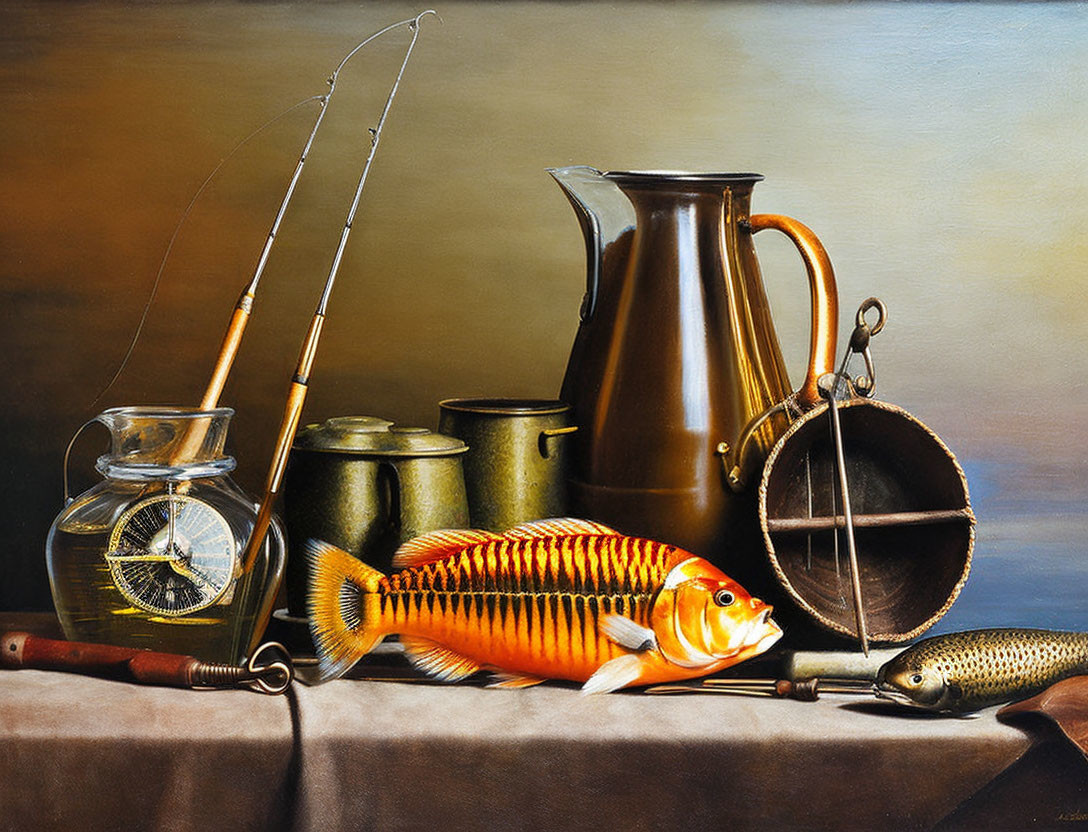 Colorful fish, fishing equipment, and more in still life painting