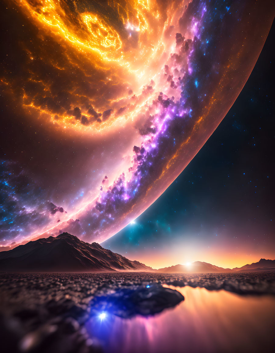 Giant celestial body over serene mountain landscape at sunset