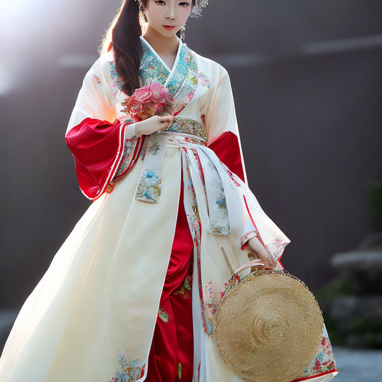 Traditional Asian Woman in White and Red Attire Holding Flowers and Fan