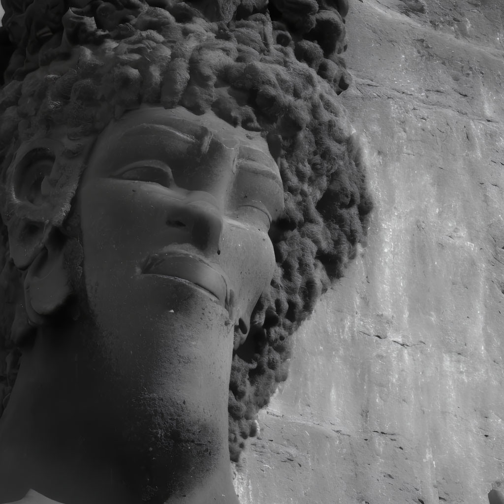 Monochrome close-up stone sculpture of person's face with detailed, curly hair