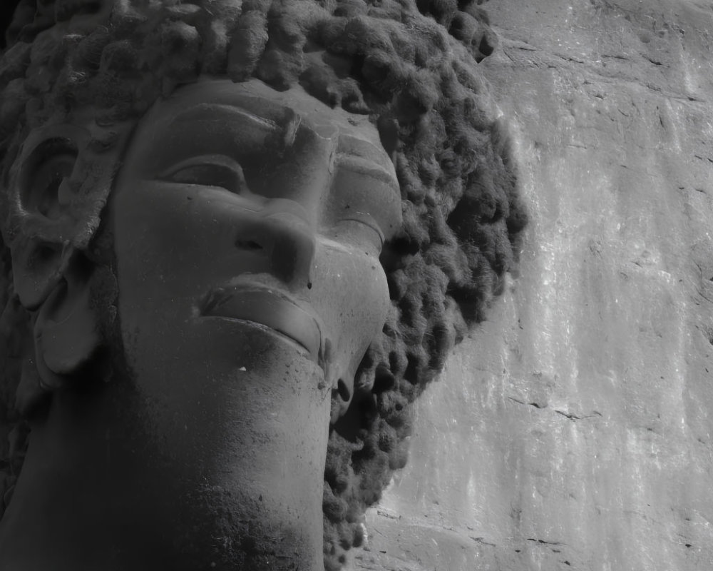 Monochrome close-up stone sculpture of person's face with detailed, curly hair