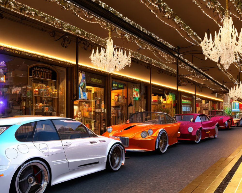 Luxury Sports Cars Parked on Elegant Street with Chandeliers